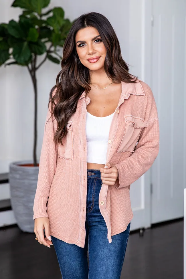 Brand New Day Tan Acid Wash Waffle Knit Shacket FINAL SALE
