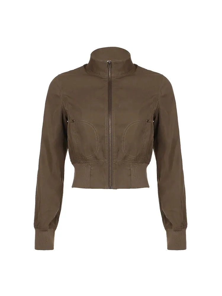 Brown Zip Up Stand Collar Pockets Long Sleeve Cargo Jackets Women Vintage Casual Streetwear