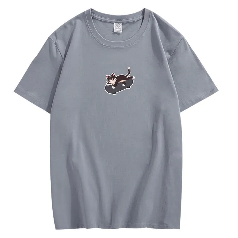 CORIRESHA Unisex Kawaii Clothing Crewneck Short Sleeves Cute Skateboard Cat Loose T-Shirt