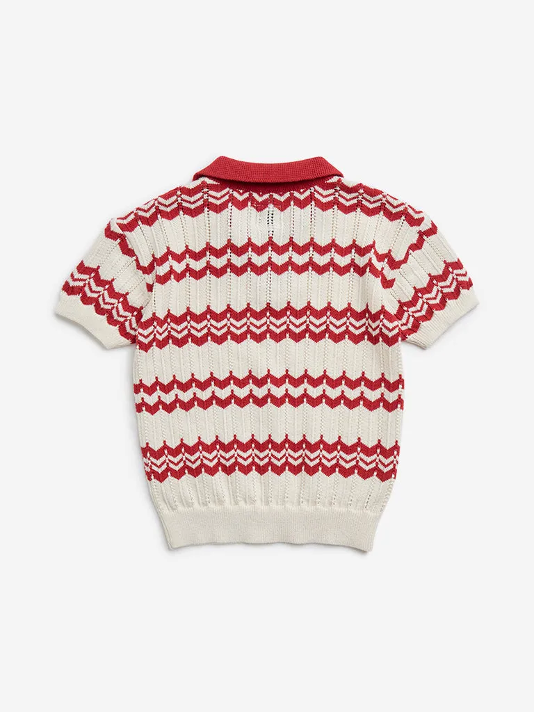 HOP Kids Red Knit-Textured Cotton-Blend T-Shirt