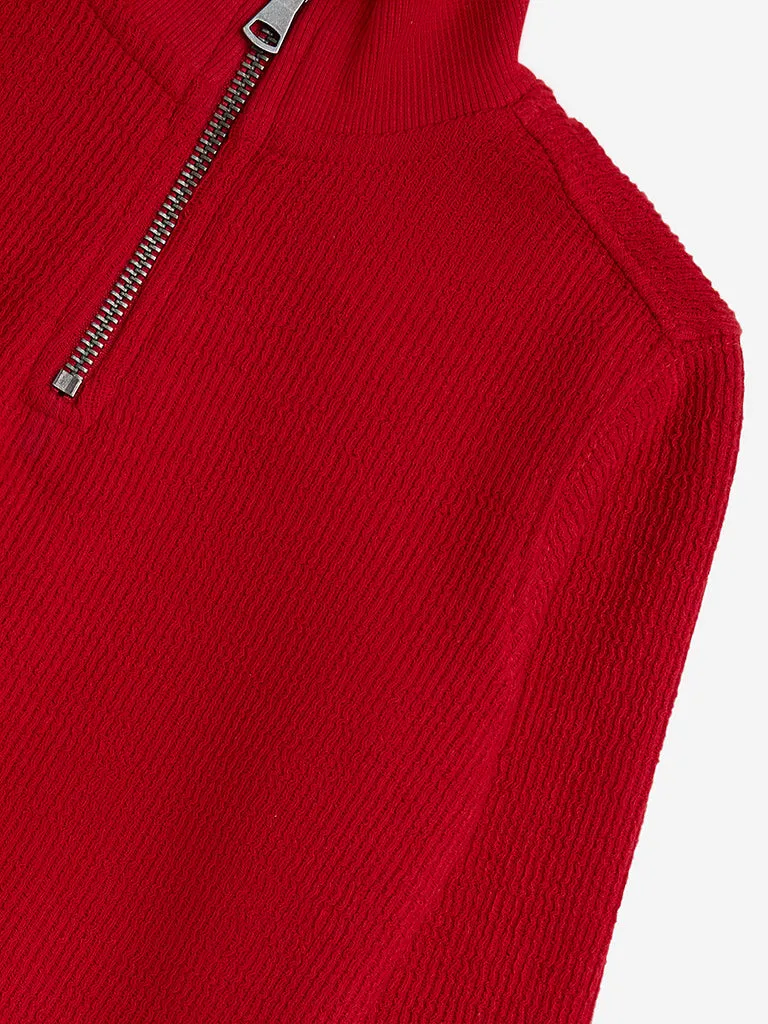 HOP Kids Red Self-Textured Cotton Sweatshirt