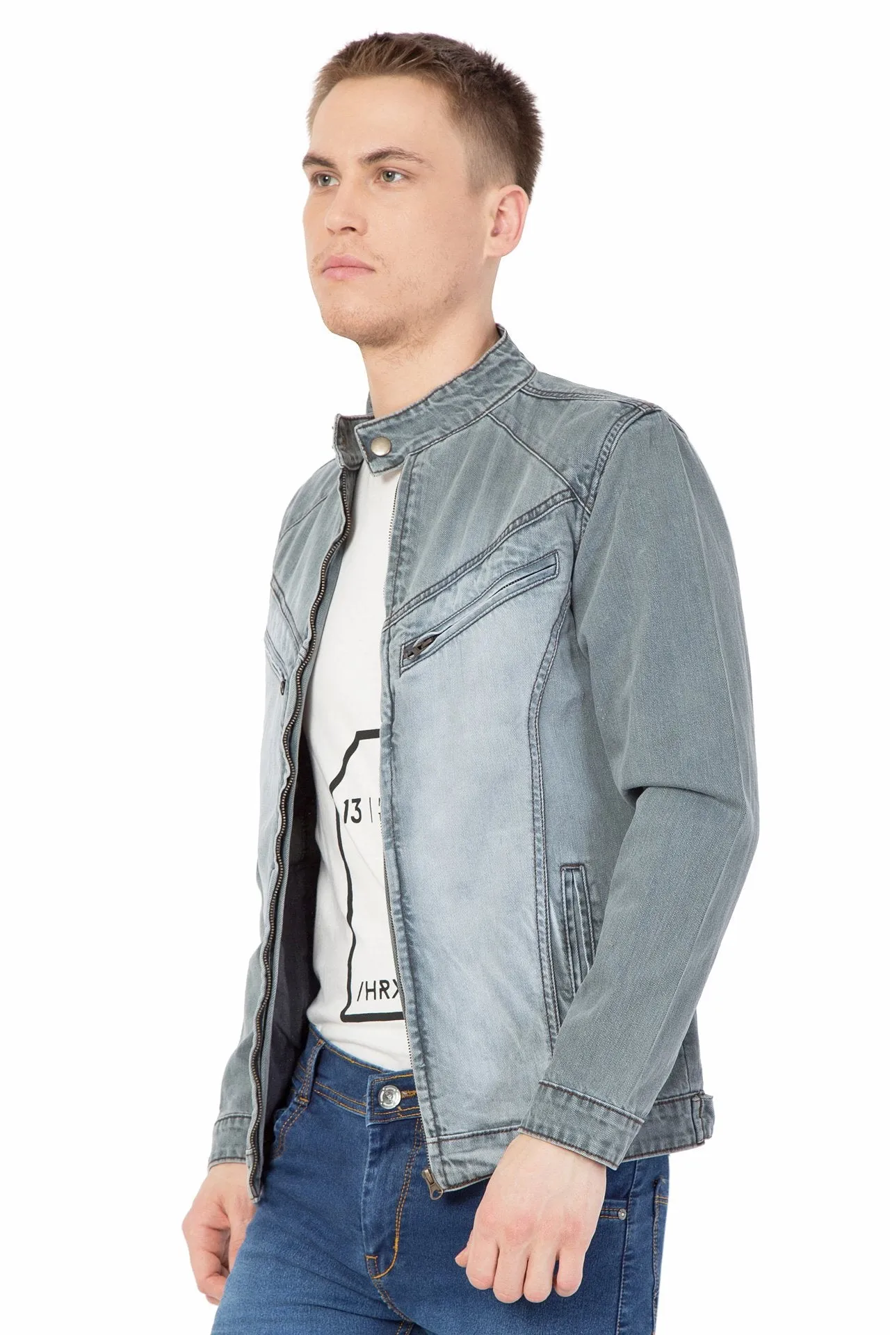 Krossstitch Full Sleeve Men's Denim Grey Jacket with Zip Clouser