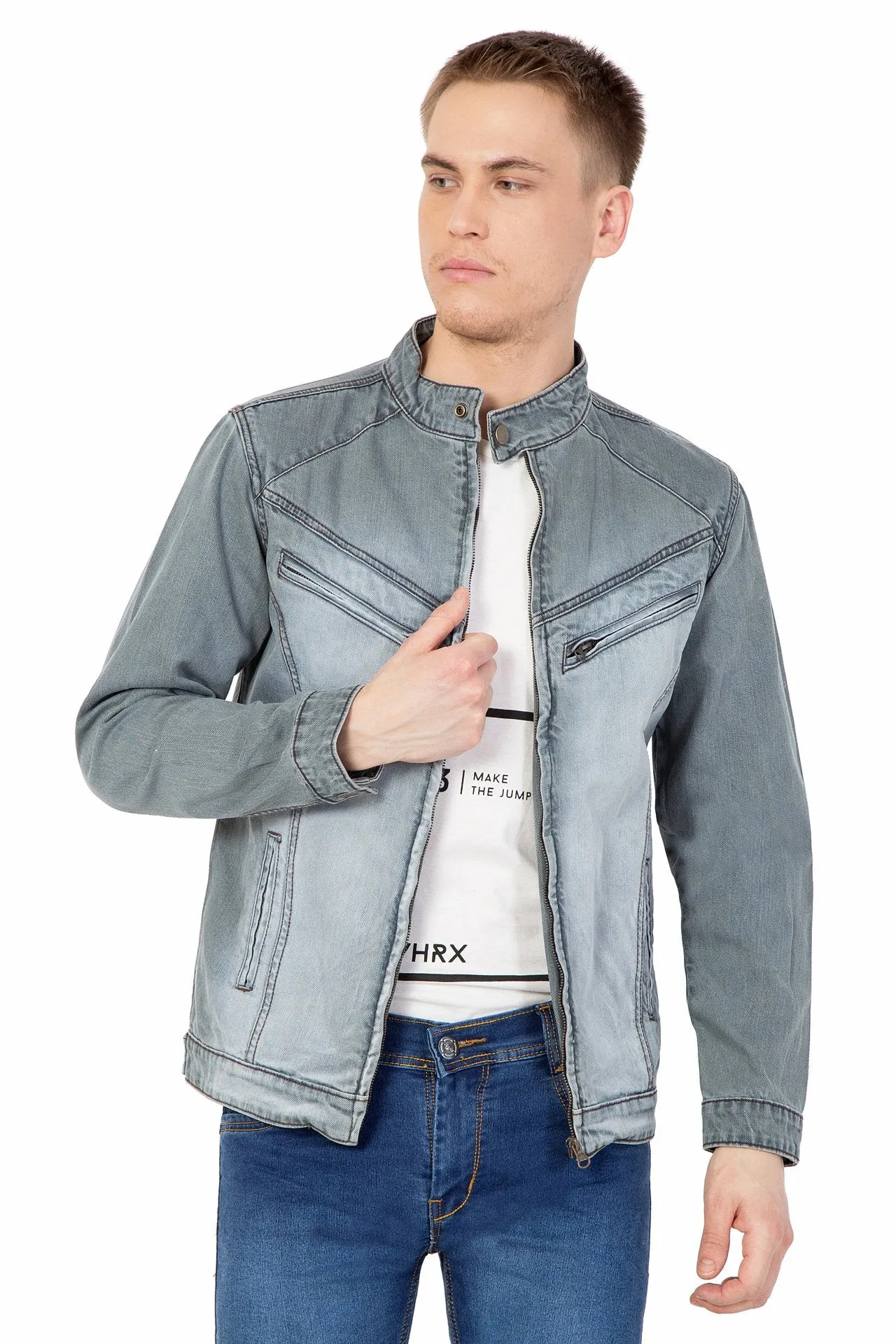 Krossstitch Full Sleeve Men's Denim Grey Jacket with Zip Clouser
