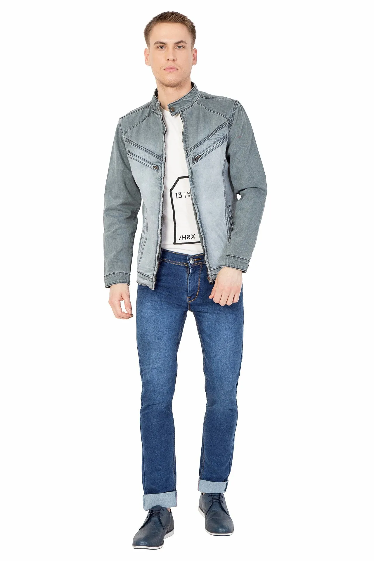 Krossstitch Full Sleeve Men's Denim Grey Jacket with Zip Clouser