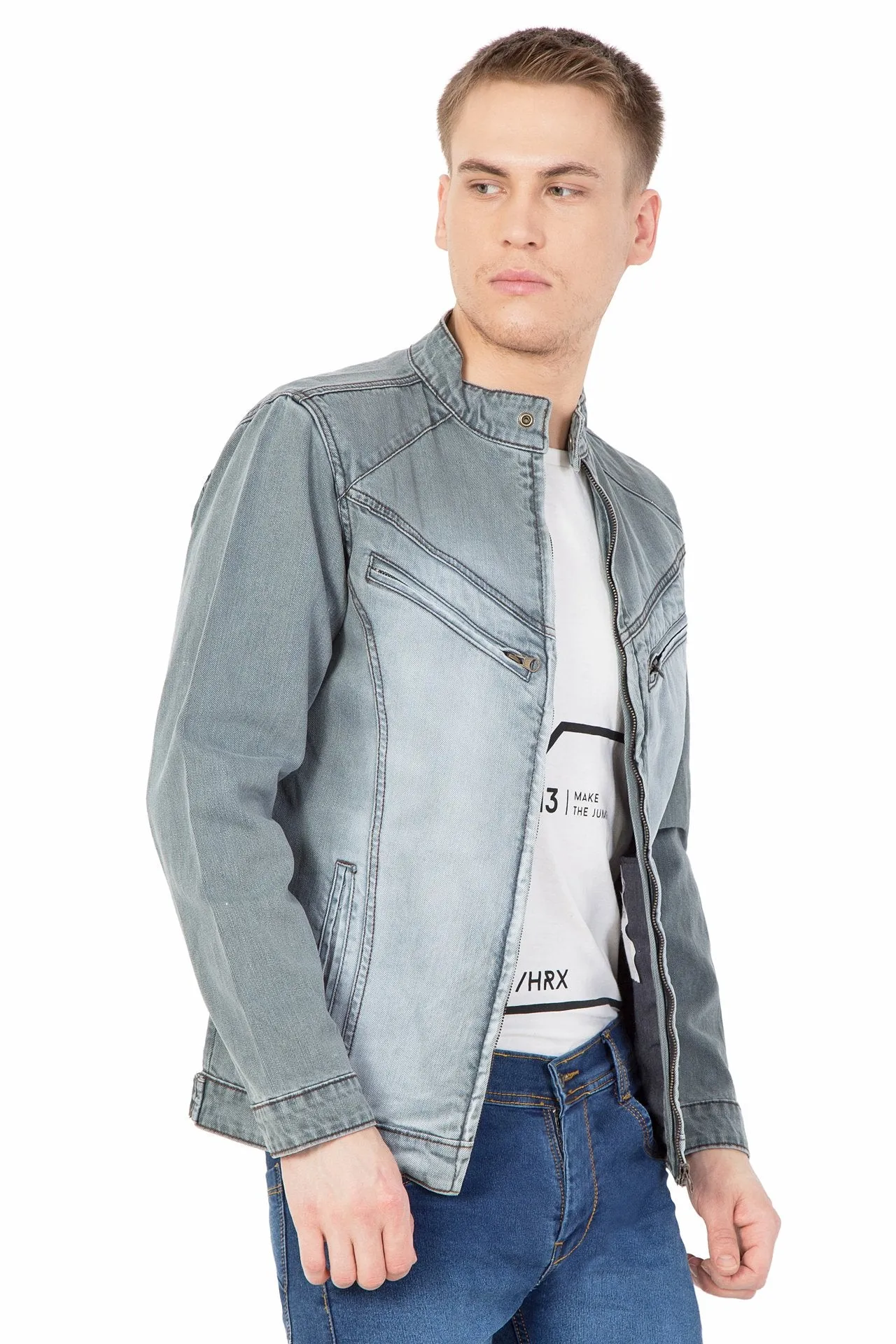 Krossstitch Full Sleeve Men's Denim Grey Jacket with Zip Clouser
