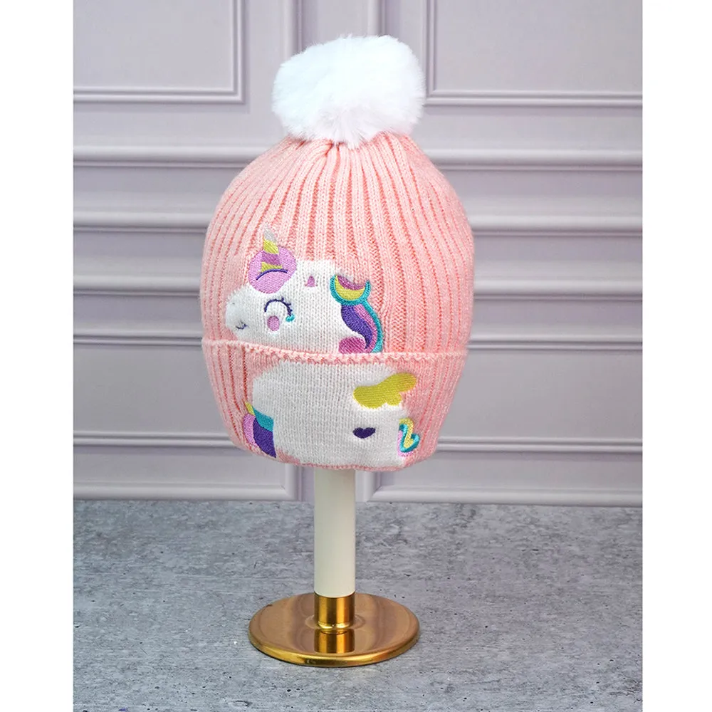 Little Surpise Box 2Pcs Peach Unicorn Themed Beanie Winter Cap With Matching Neck Cuff Style Muffler For Kids