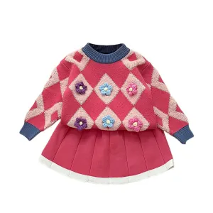 Little Surprise Box 2pcs Pink Diamond Floral Cardigan And Skirt Winterwear Set For Girls