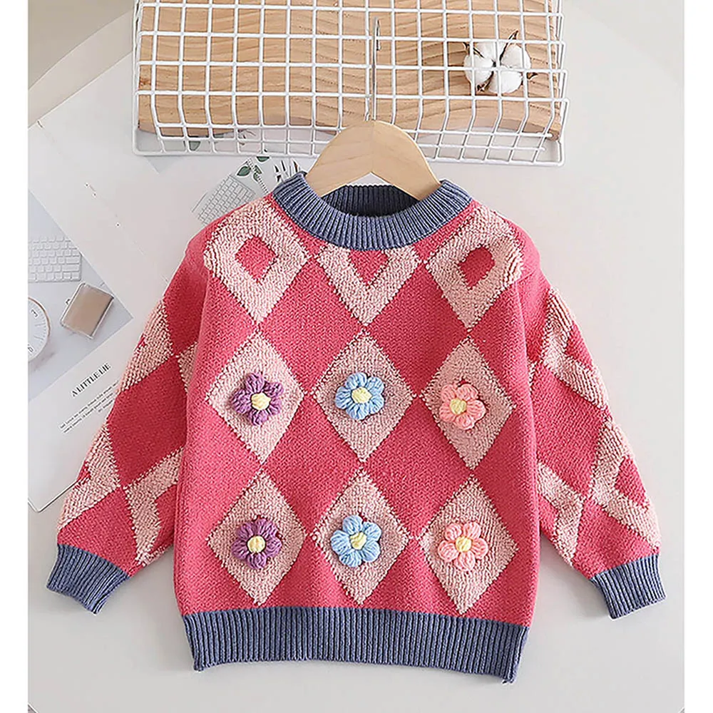 Little Surprise Box 2pcs Pink Diamond Floral Cardigan And Skirt Winterwear Set For Girls
