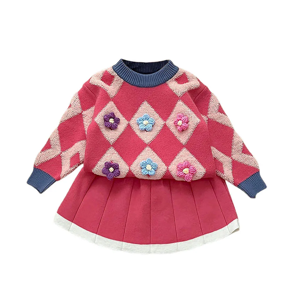Little Surprise Box 2pcs Pink Diamond Floral Cardigan And Skirt Winterwear Set For Girls