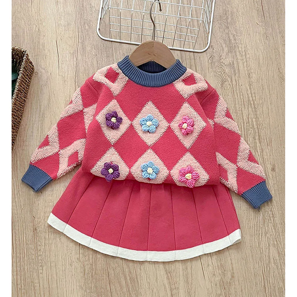Little Surprise Box 2pcs Pink Diamond Floral Cardigan And Skirt Winterwear Set For Girls