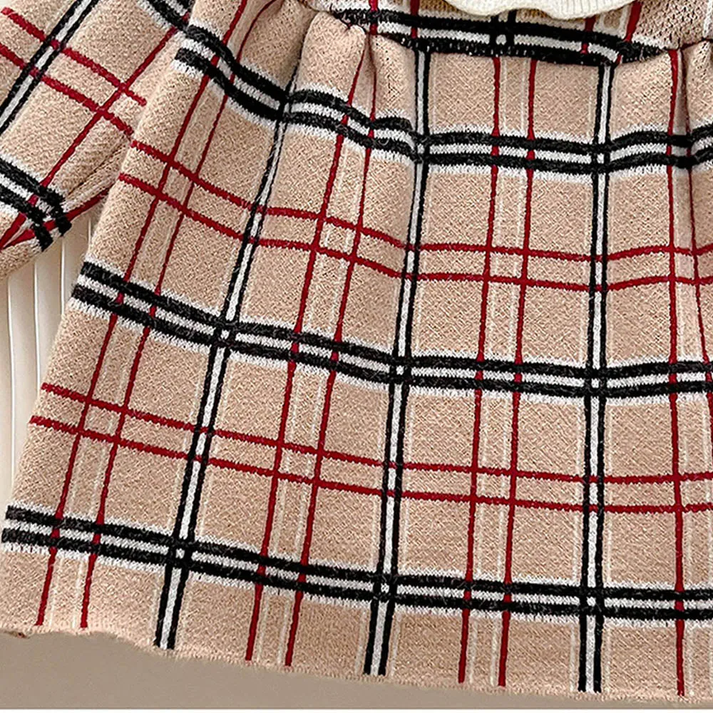 Little Surprise Box Beige Sailor Checkered Knitted Frock Winterwear For Girls
