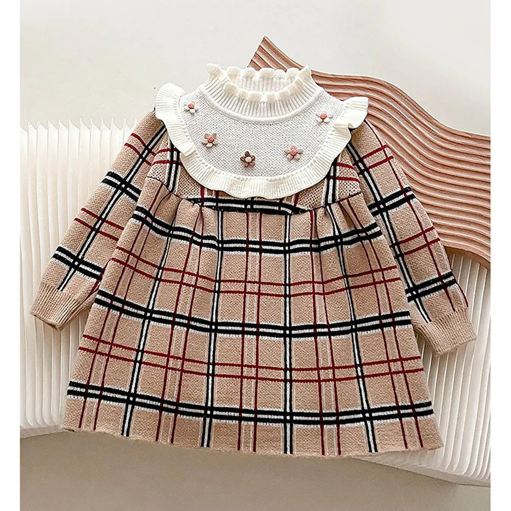 Little Surprise Box Beige Sailor Checkered Knitted Frock Winterwear For Girls