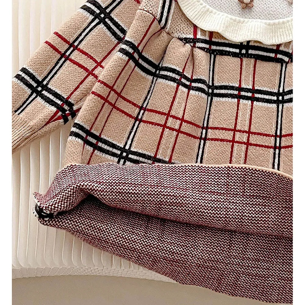 Little Surprise Box Beige Sailor Checkered Knitted Frock Winterwear For Girls
