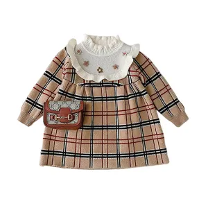 Little Surprise Box Beige Sailor Checkered Knitted Frock Winterwear For Girls