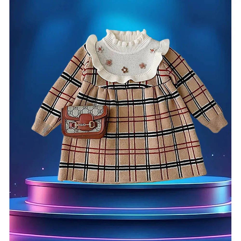 Little Surprise Box Beige Sailor Checkered Knitted Frock Winterwear For Girls
