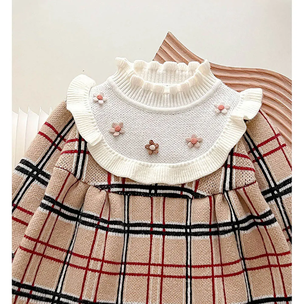 Little Surprise Box Beige Sailor Checkered Knitted Frock Winterwear For Girls