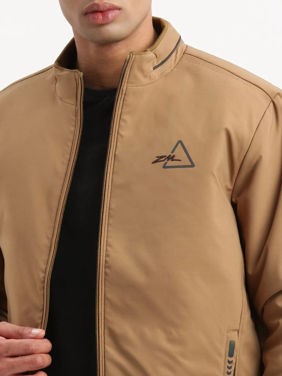 Men Mock Collar Khaki Solid Bomber Jacket