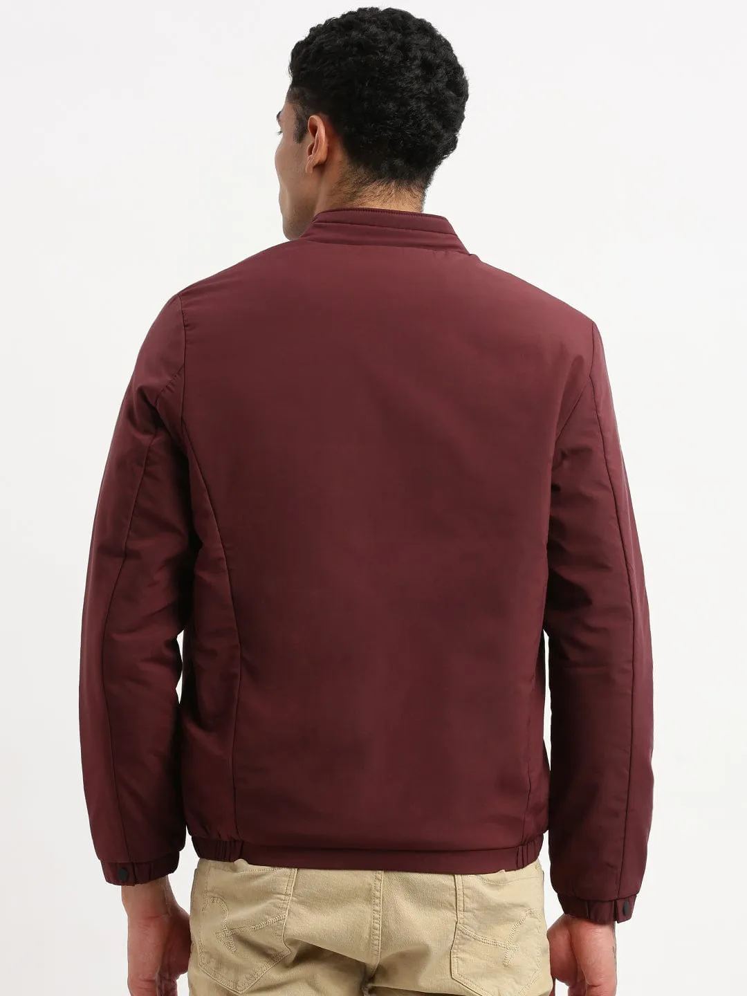 Men Mock Collar Maroon Solid Casual Bomber Jacket