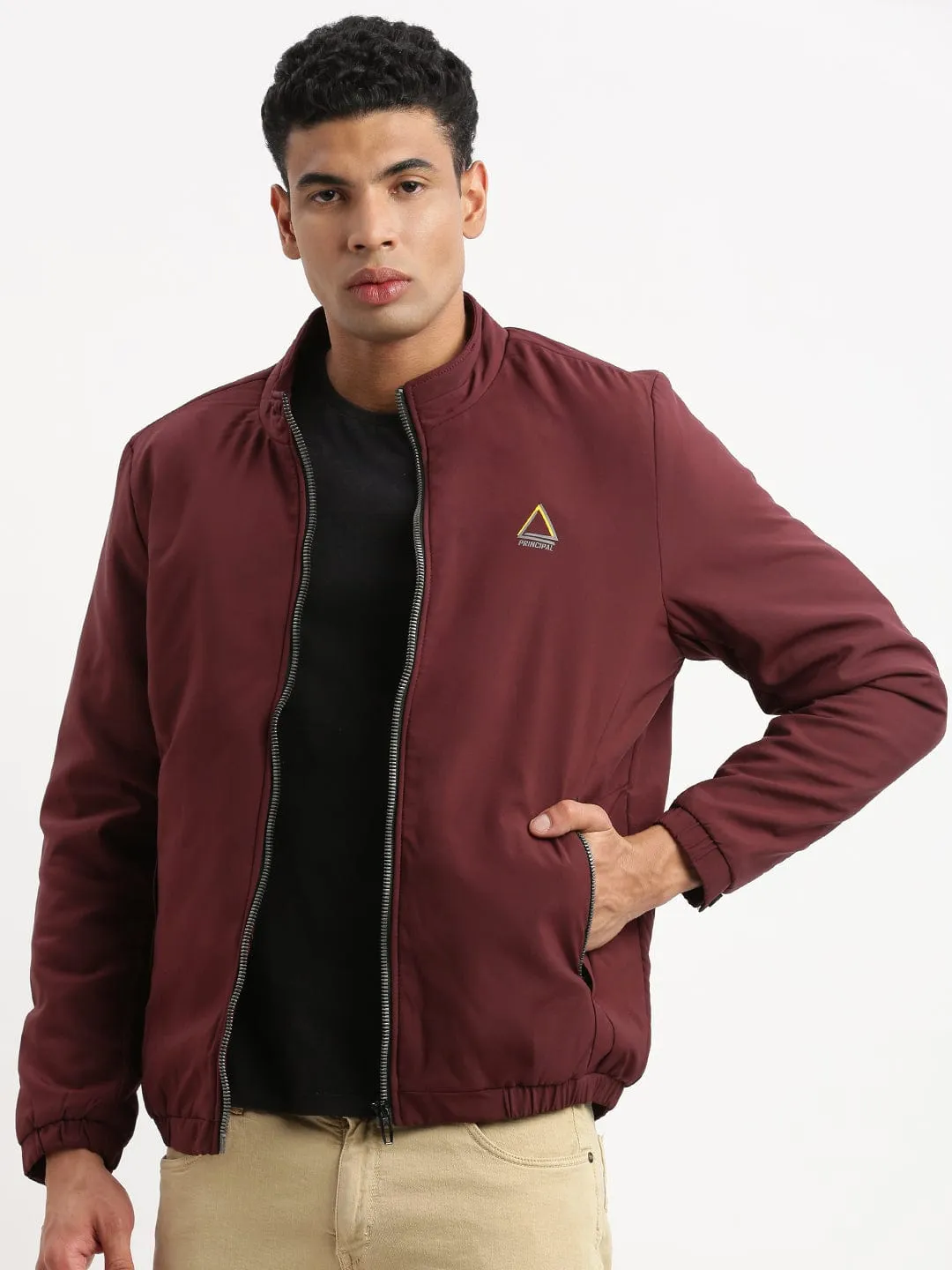 Men Mock Collar Maroon Solid Casual Bomber Jacket