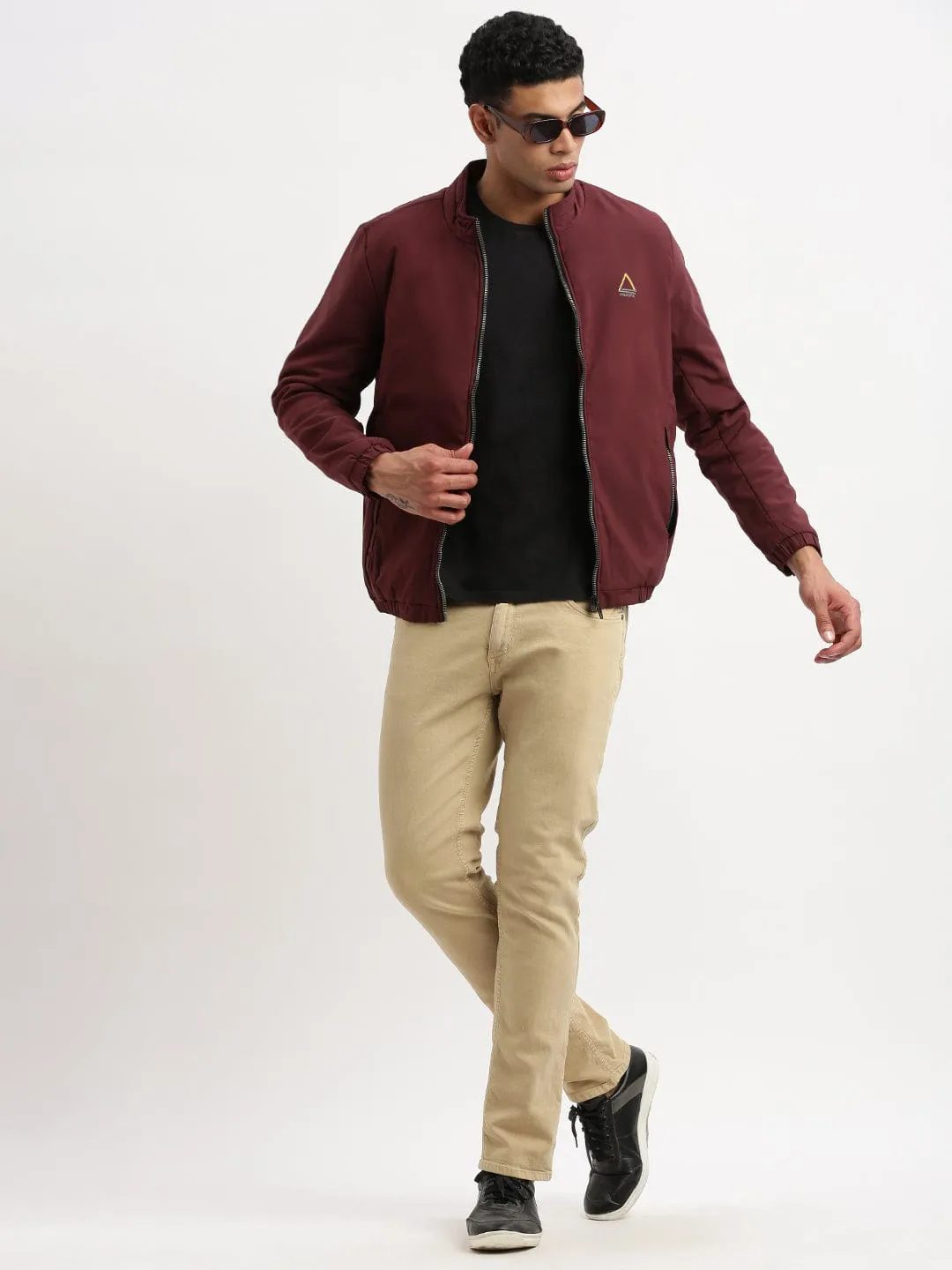 Men Mock Collar Maroon Solid Casual Bomber Jacket