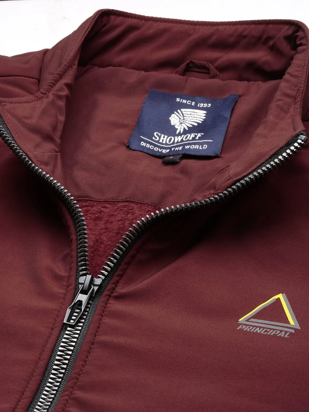 Men Mock Collar Maroon Solid Casual Bomber Jacket