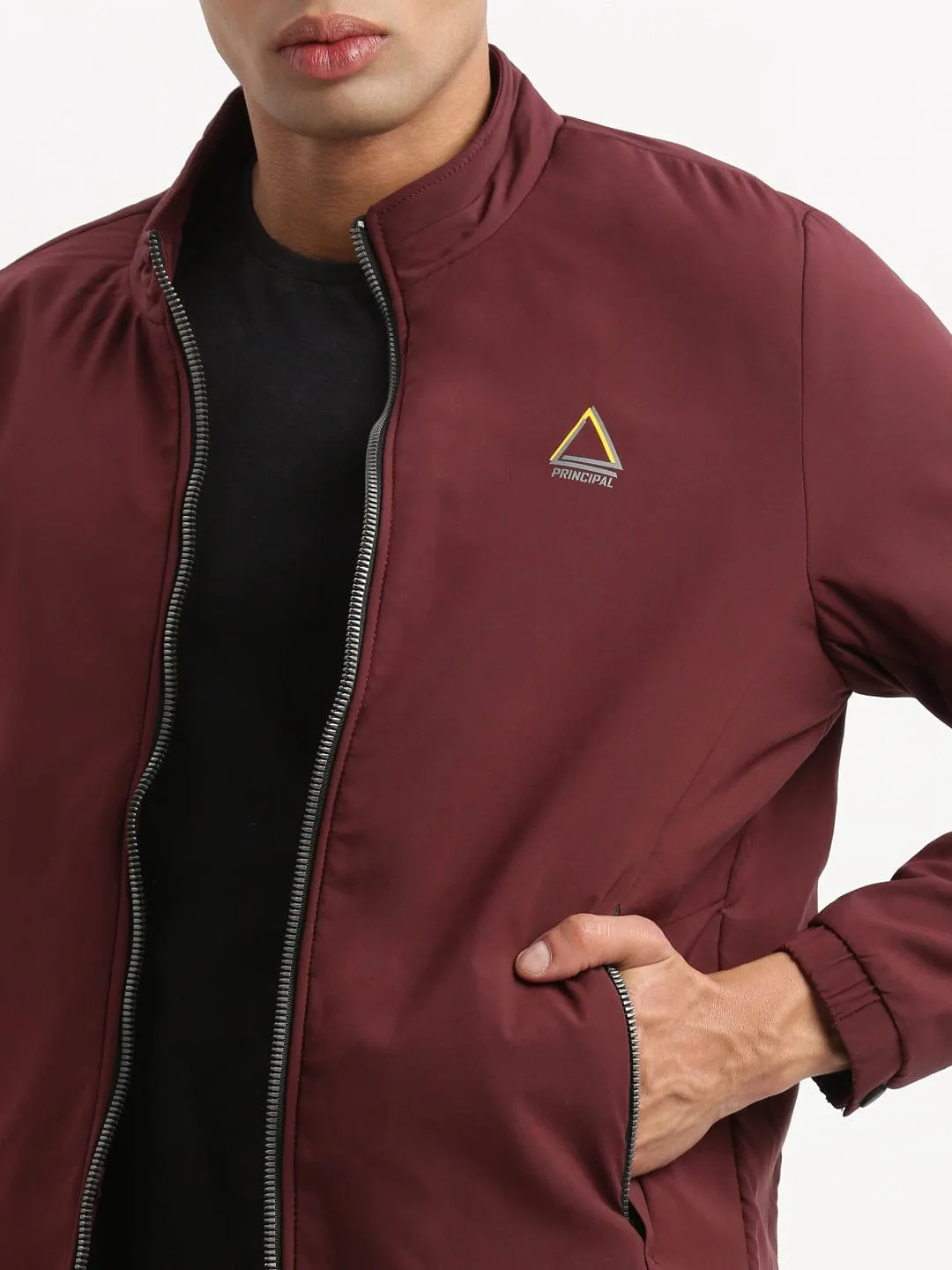 Men Mock Collar Maroon Solid Casual Bomber Jacket