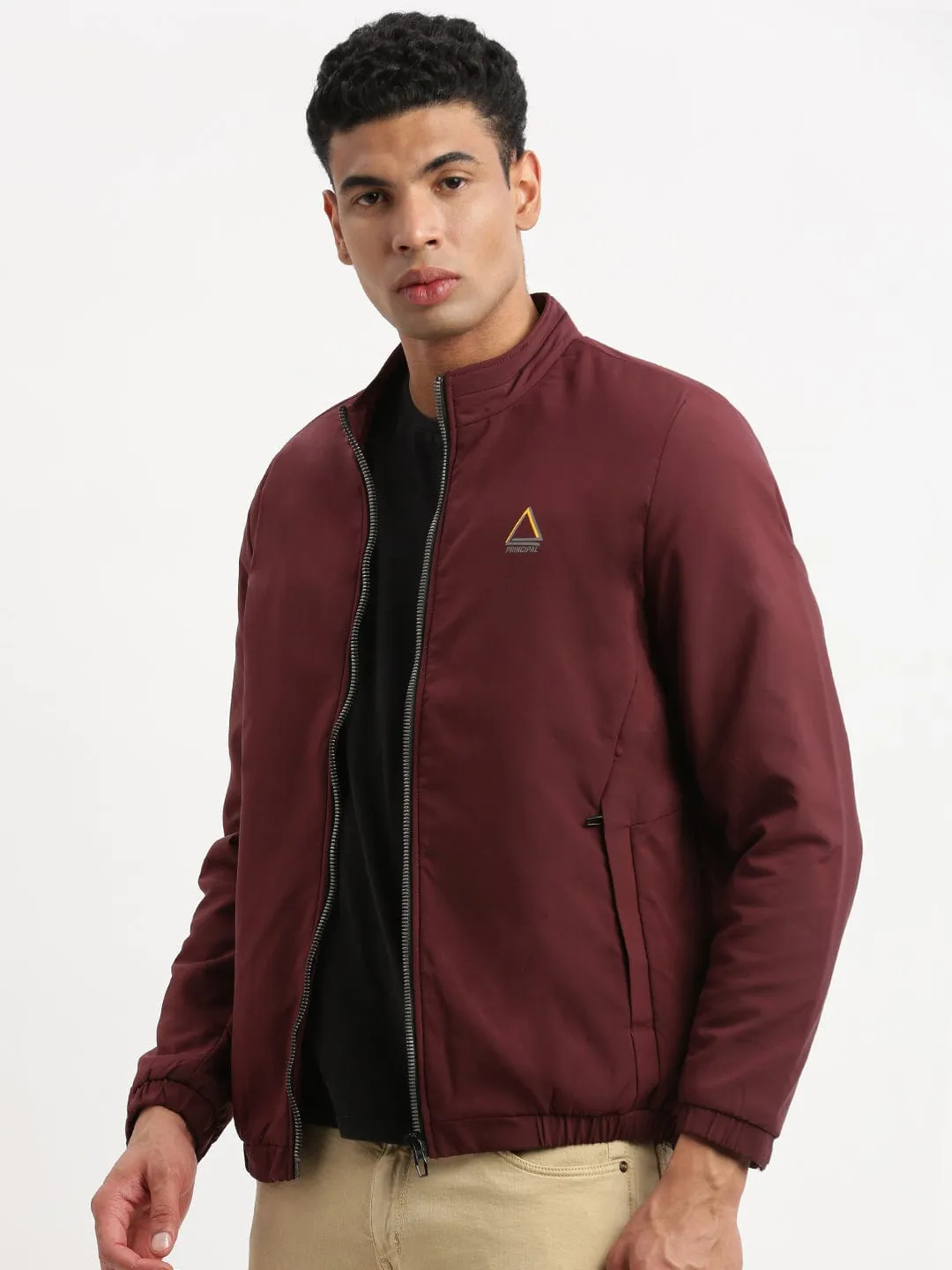 Men Mock Collar Maroon Solid Casual Bomber Jacket