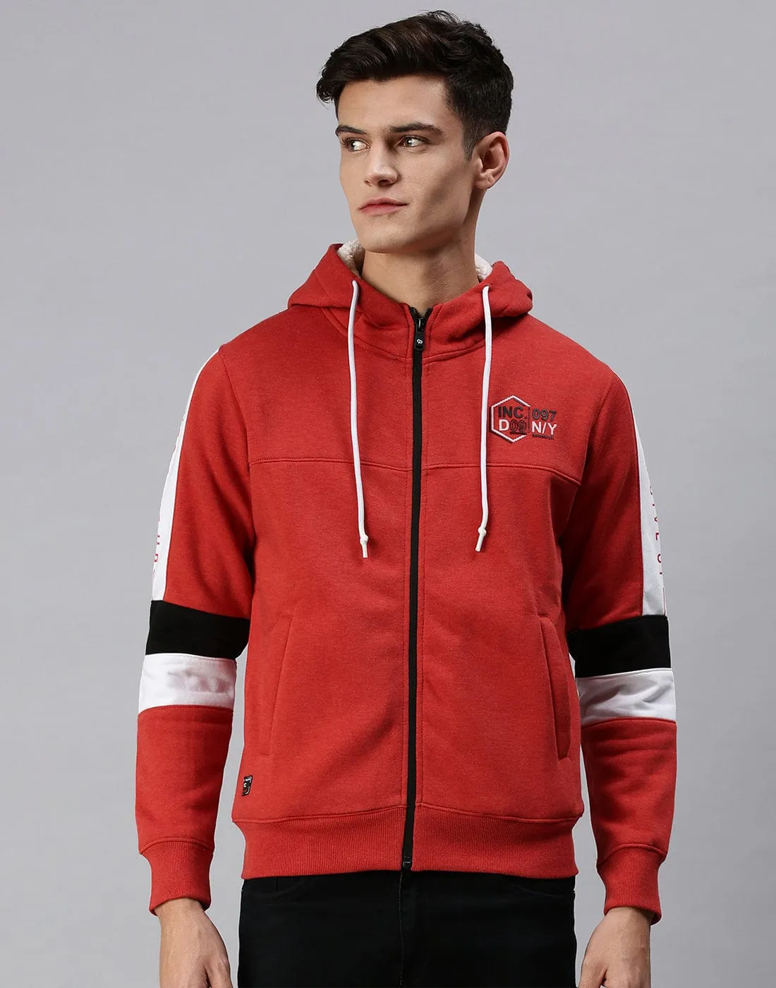 Men Red Solid Hoodie