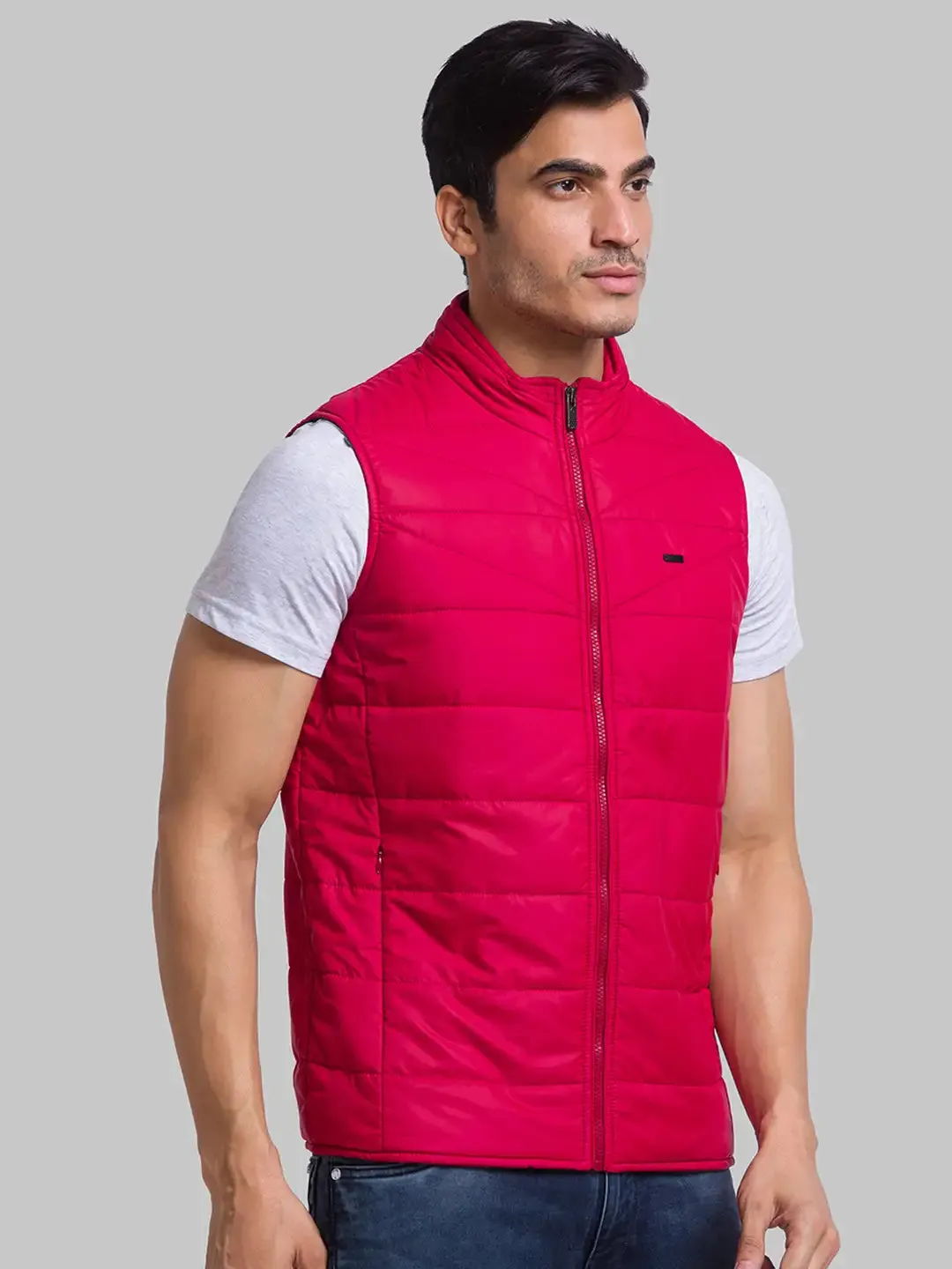 Men Red Solid Polyester Sleeveless Jackets