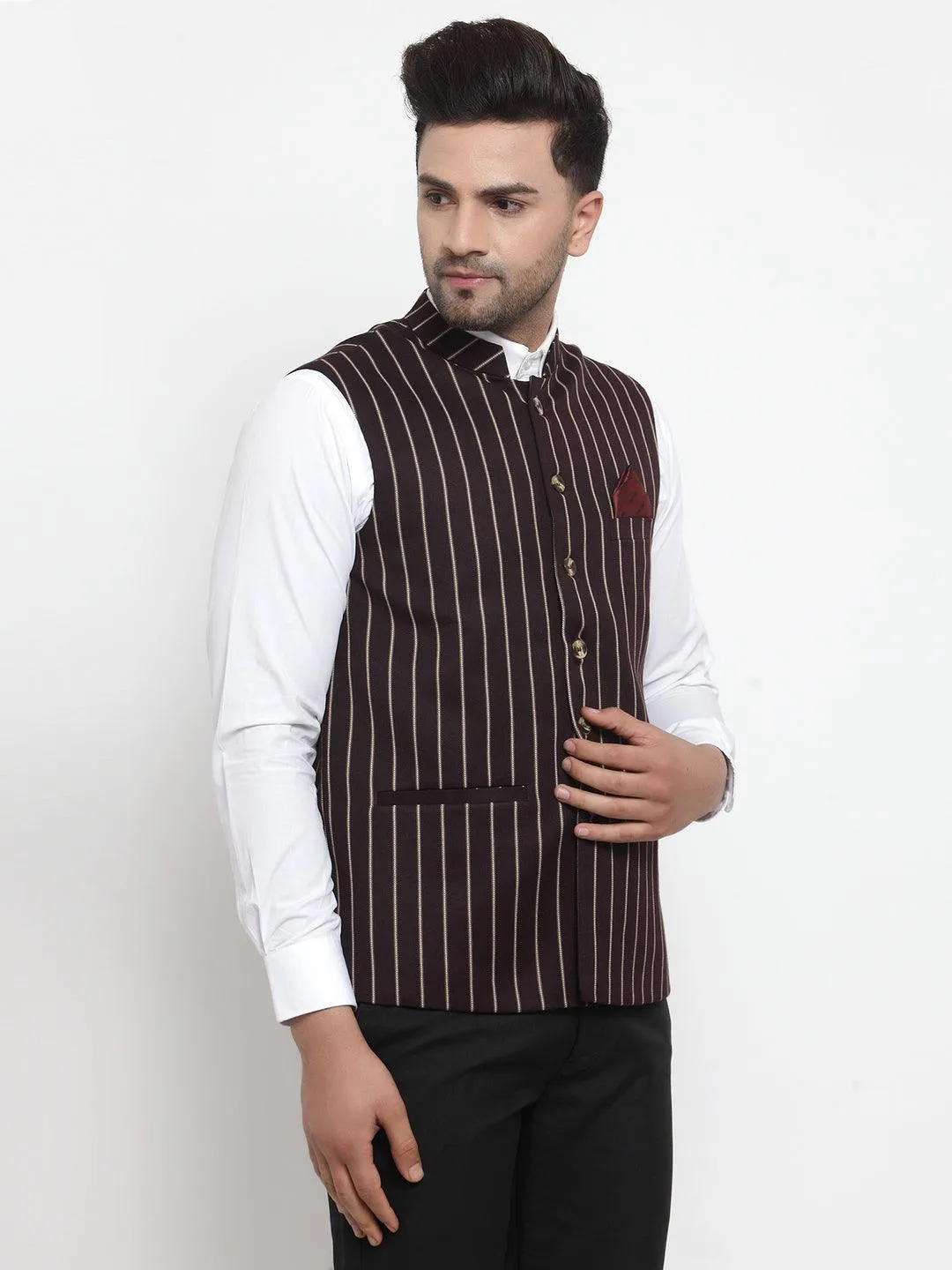 Men's Dhrohar Striped Wool Nehru Jacket / Waistcoat - Dark Brown - Size - 38 - Neudis Men