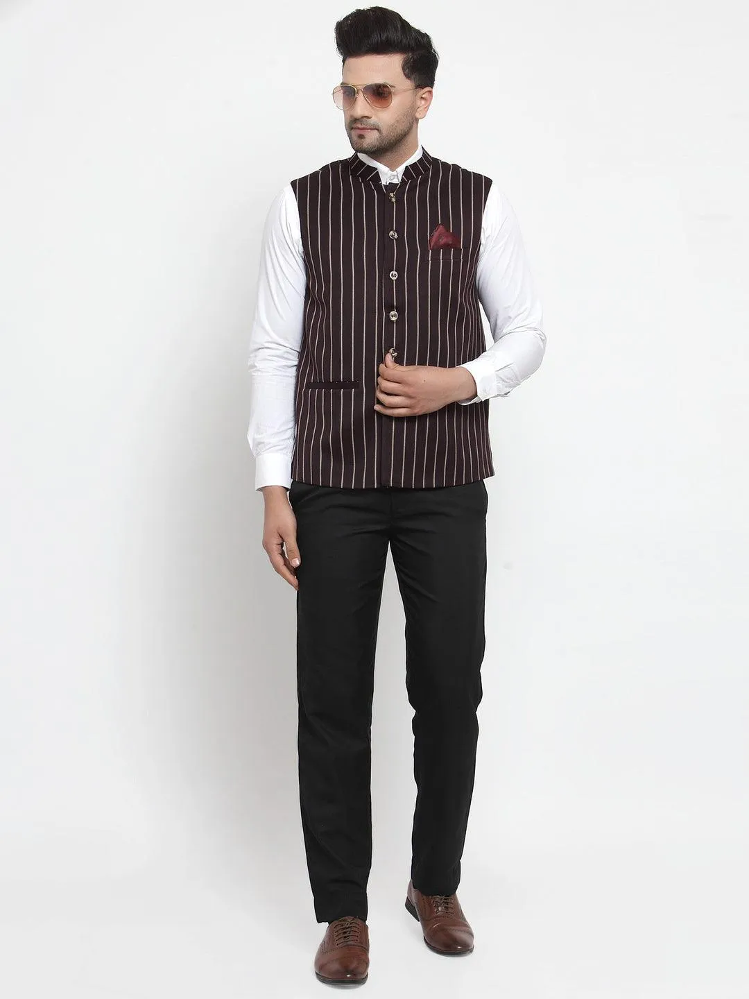 Men's Dhrohar Striped Wool Nehru Jacket / Waistcoat - Dark Brown - Size - 38 - Neudis Men