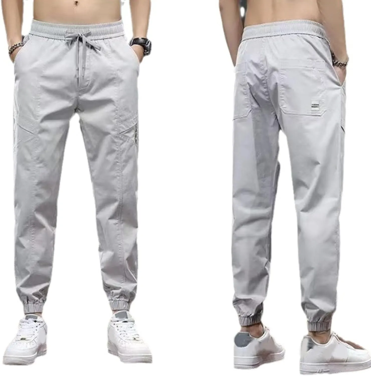 Men's Elastic Waist Outdoor Pants Twill Casual Regular Fit Cargo Trousers Solid Drawstring Tapered Pants