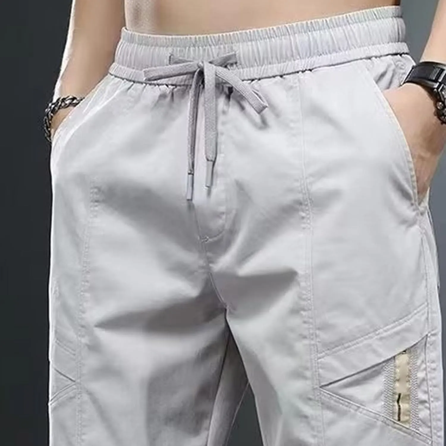 Men's Elastic Waist Outdoor Pants Twill Casual Regular Fit Cargo Trousers Solid Drawstring Tapered Pants