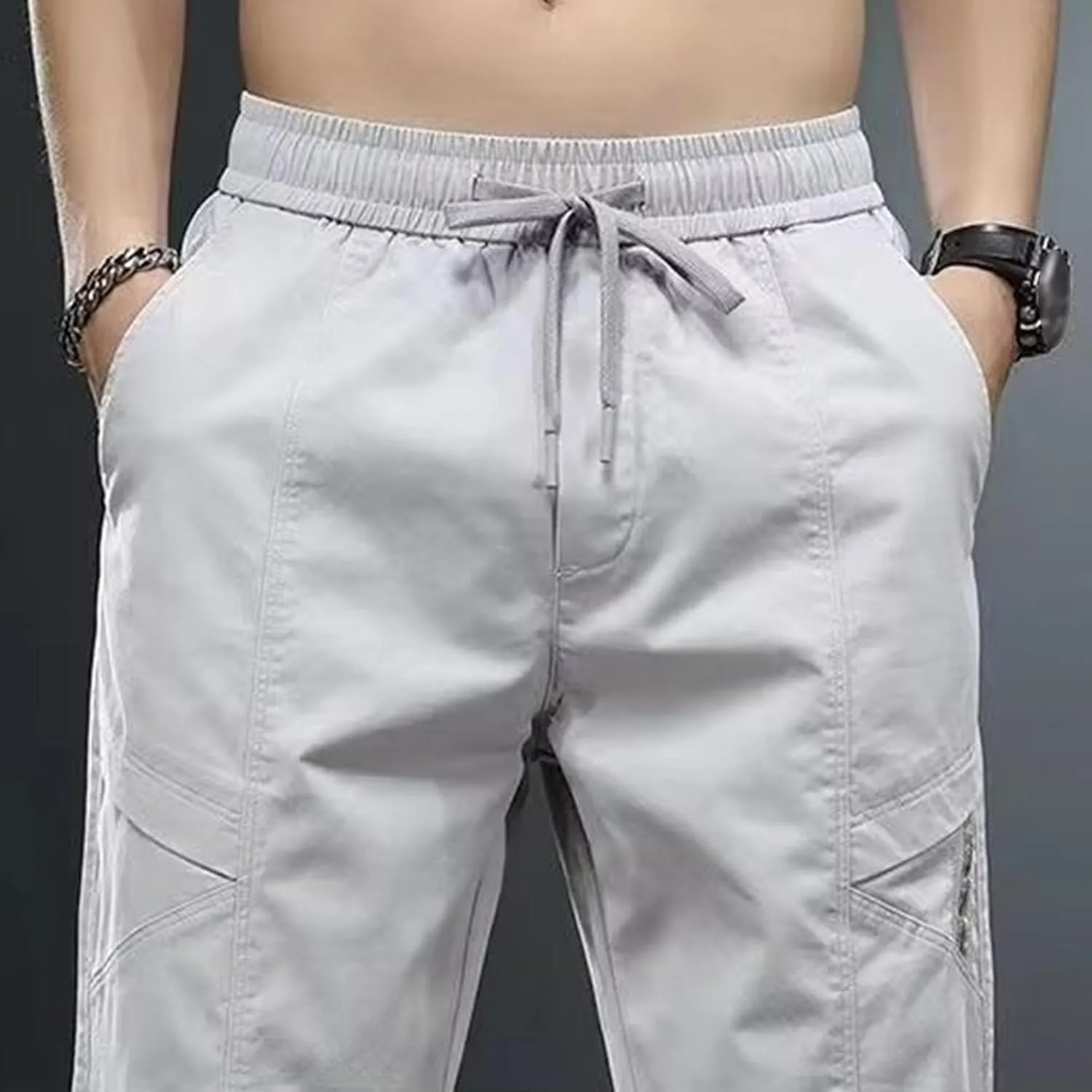 Men's Elastic Waist Outdoor Pants Twill Casual Regular Fit Cargo Trousers Solid Drawstring Tapered Pants
