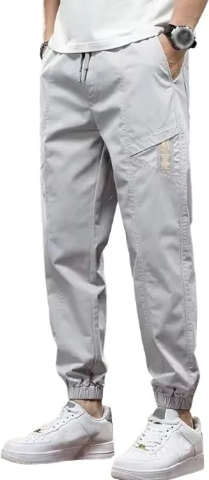 Men's Elastic Waist Outdoor Pants Twill Casual Regular Fit Cargo Trousers Solid Drawstring Tapered Pants