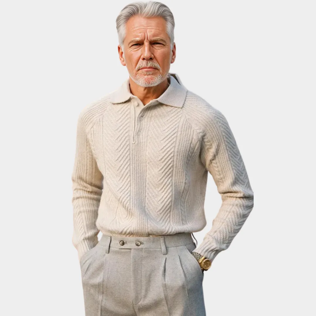 Mens Thick Knitted Sweater  Slim Fit Shawl Collar Pullover, Warm Fall & Winter Wear, Beige & Grey