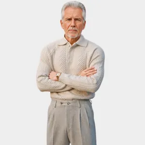 Mens Thick Knitted Sweater  Slim Fit Shawl Collar Pullover, Warm Fall & Winter Wear, Beige & Grey
