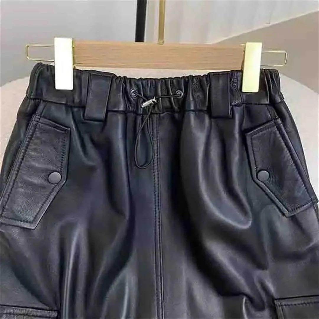 Pulcykp Women Leather Straight Midi Skirt with Pockets Casual Elastic High Waist Slim Midi Skirt Streetwear