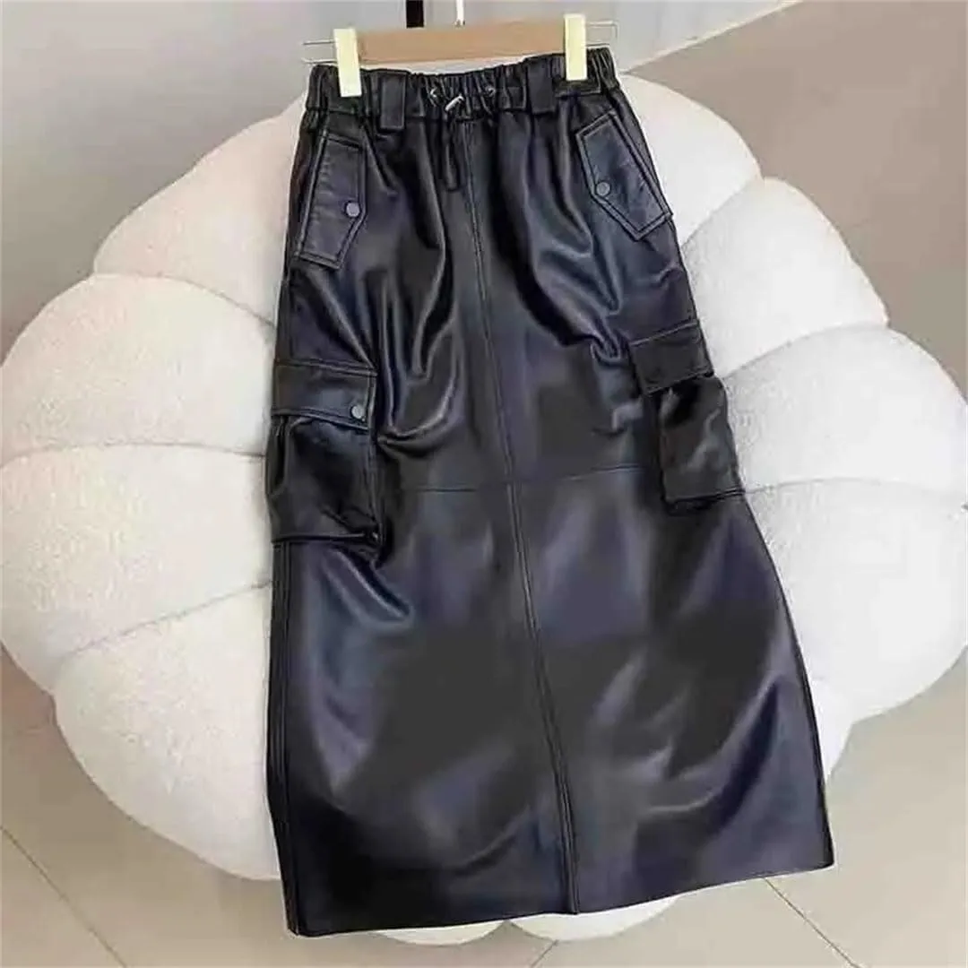 Pulcykp Women Leather Straight Midi Skirt with Pockets Casual Elastic High Waist Slim Midi Skirt Streetwear