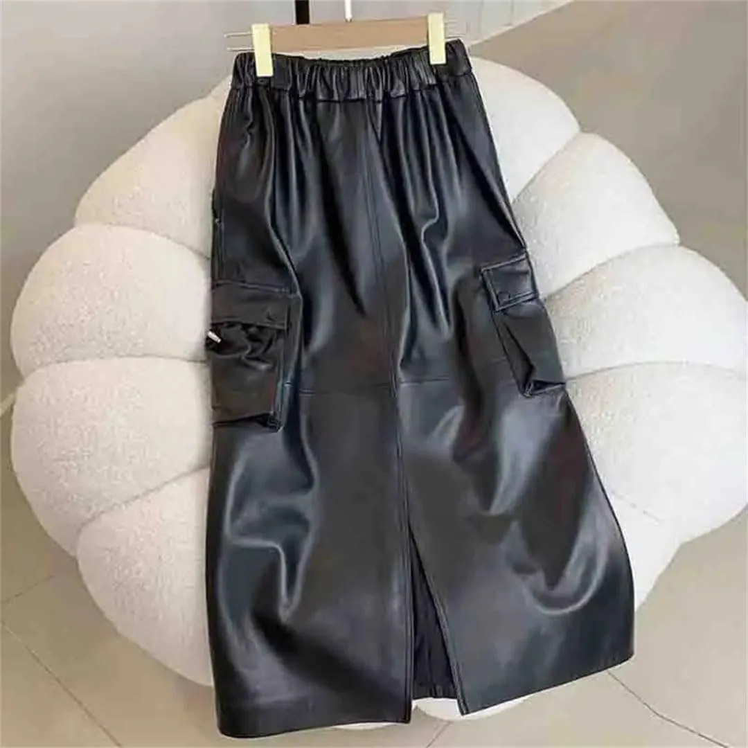 Pulcykp Women Leather Straight Midi Skirt with Pockets Casual Elastic High Waist Slim Midi Skirt Streetwear