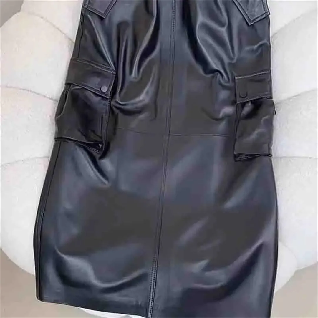 Pulcykp Women Leather Straight Midi Skirt with Pockets Casual Elastic High Waist Slim Midi Skirt Streetwear