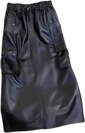 Pulcykp Women Leather Straight Midi Skirt with Pockets Casual Elastic High Waist Slim Midi Skirt Streetwear