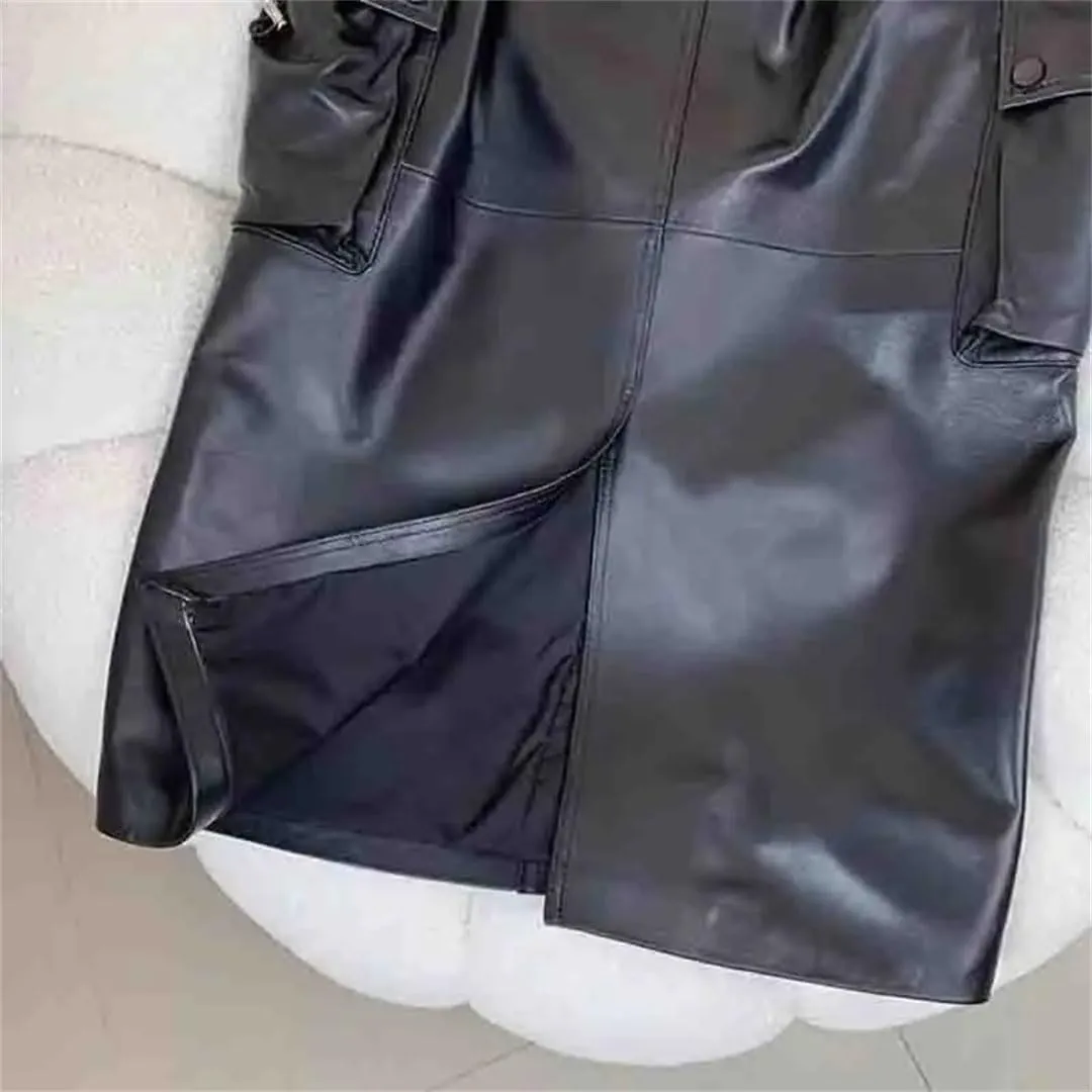 Pulcykp Women Leather Straight Midi Skirt with Pockets Casual Elastic High Waist Slim Midi Skirt Streetwear
