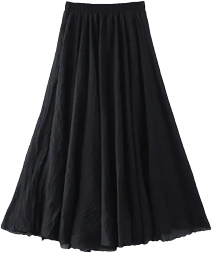 Rfmfkkg Womens Cotton Linen Maxi Skirt Casual Elastic High Waist Pleated A-Line Beach Skirts Boho