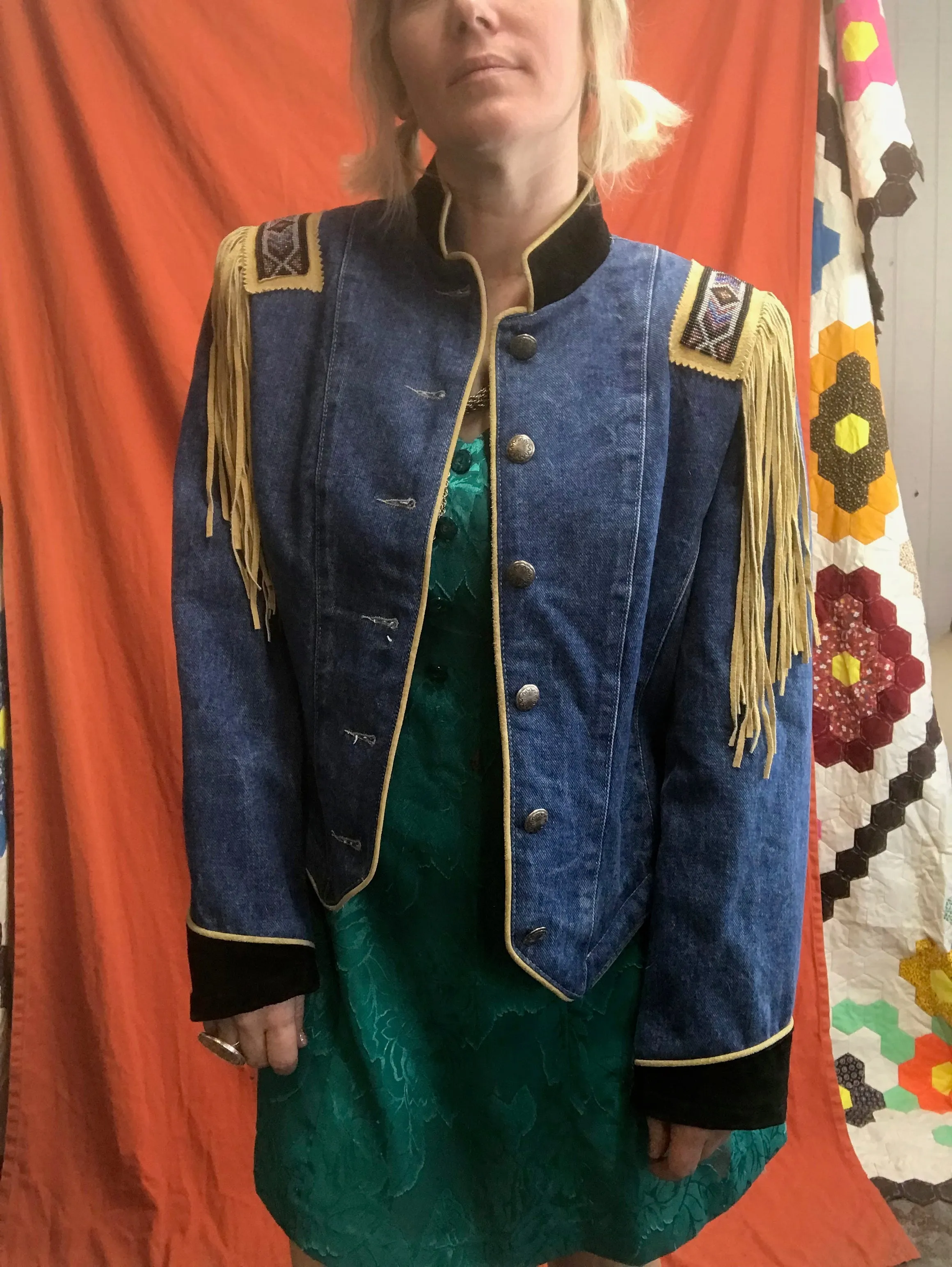 Vintage 80s 90s | Denim Western Beaded Embellished Jacket with Fringe | S M