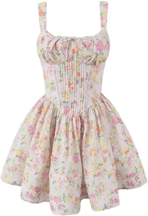 Women Lace Trim Floral Print Mini Dress Low Waist Square Neck Female Party Dress Holiday Robe