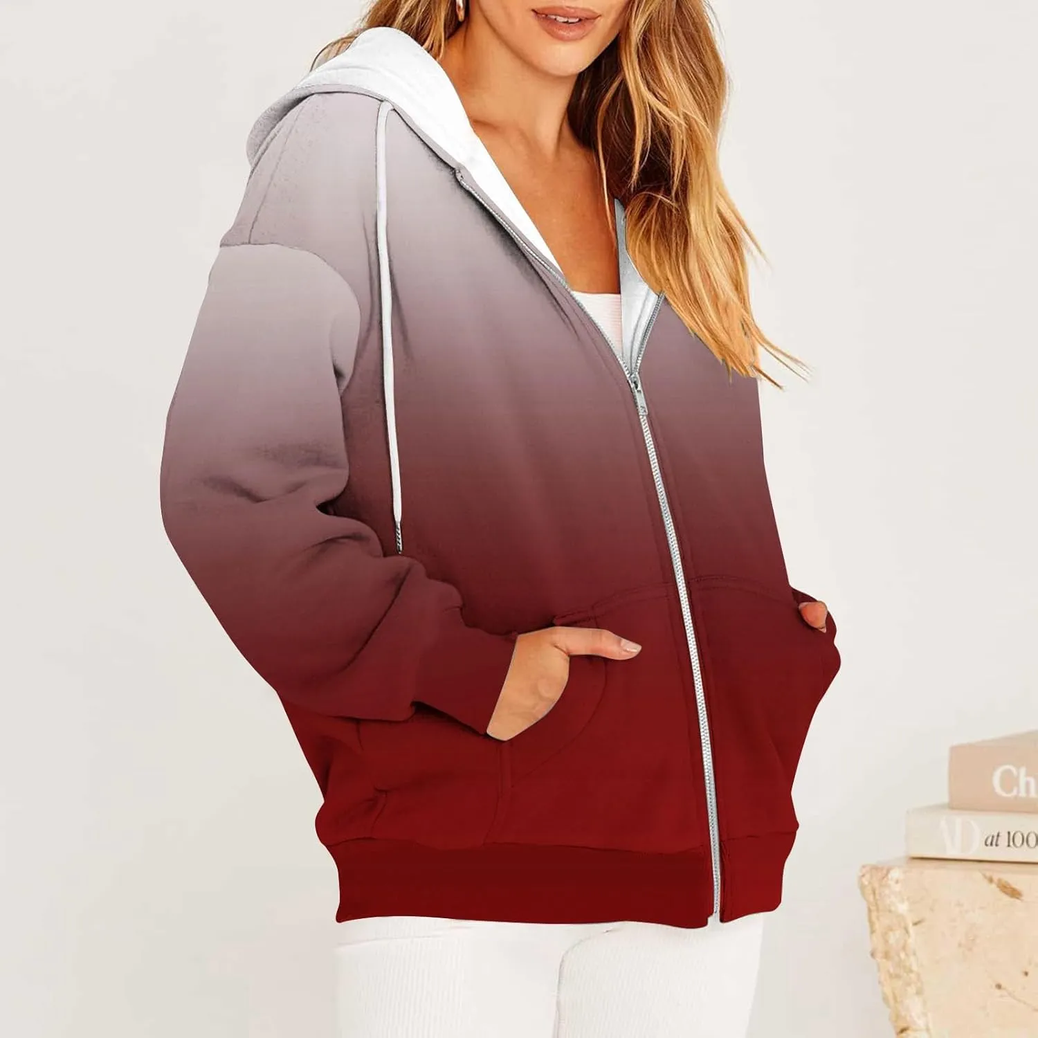 Womens Full Zip Up Sweatshirts Tid Dye Print Hoodies Long Sleeve Casual Jackets Winter Outfits 2024 With Pockets