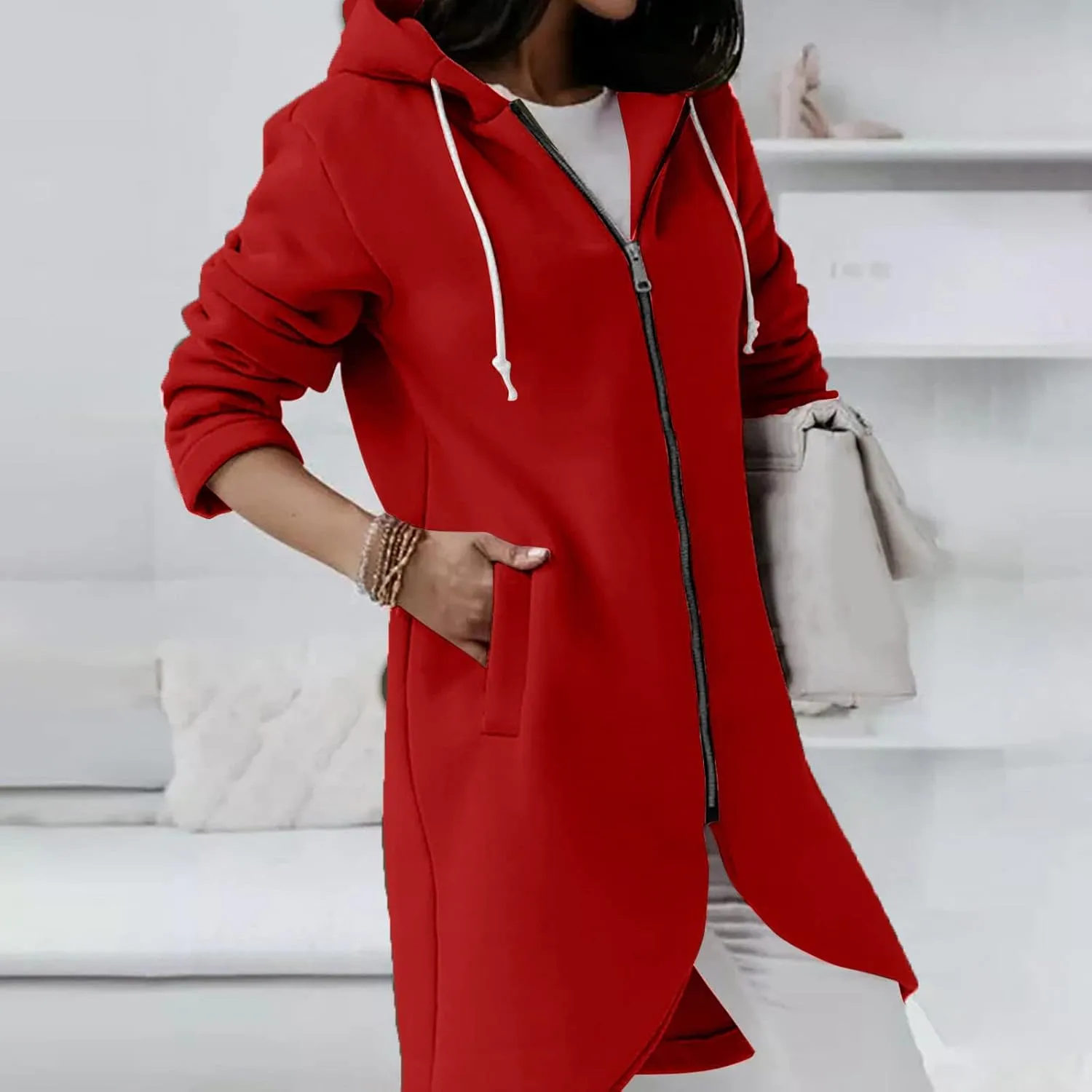 Womens Long Hoodies Long Sleeve Zip Up Solid Plain Hooded Pullover Drawstring Loose Fit Casual Fashion Fall Tops with Pocket