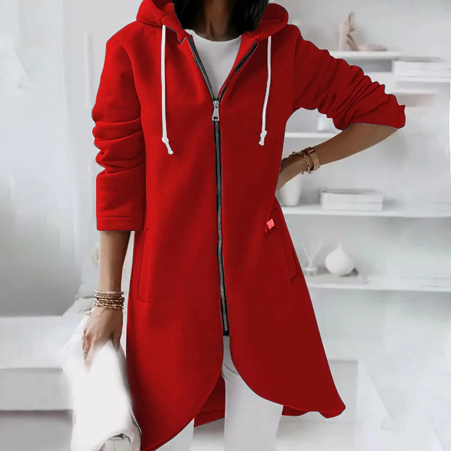Womens Long Hoodies Long Sleeve Zip Up Solid Plain Hooded Pullover Drawstring Loose Fit Casual Fashion Fall Tops with Pocket