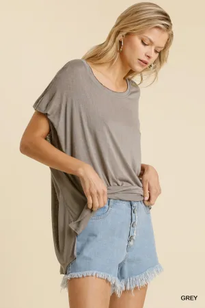 Women's Short Sheer Dolman Sleeve Scoop Neck Top With Side Slit